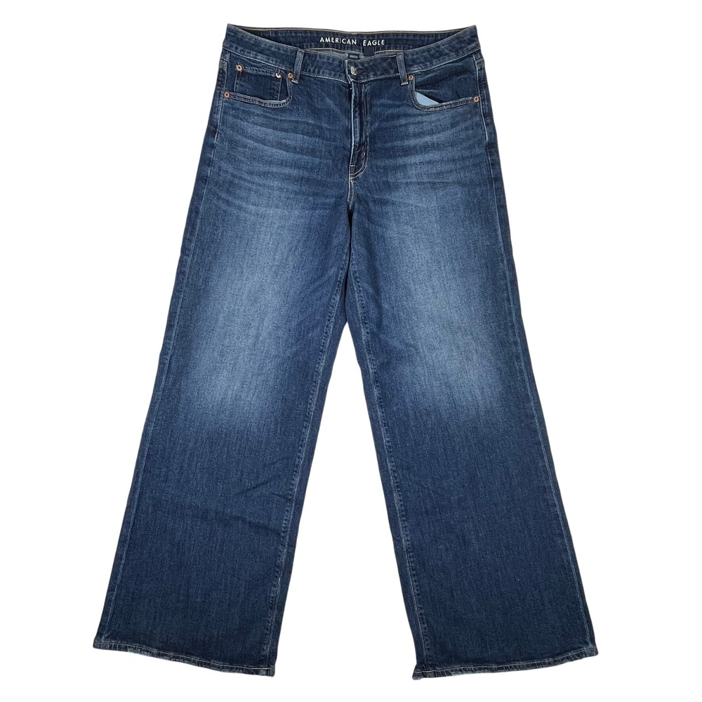 American Eagle Low Rise Baggy Wide Leg Jeans Womens 16 (Fits 36x32) Raw Hem